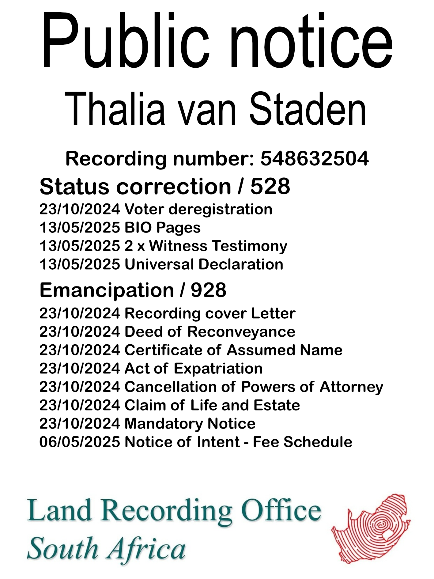 Public Notice Thalia van Staden (c) Recording number 548632504